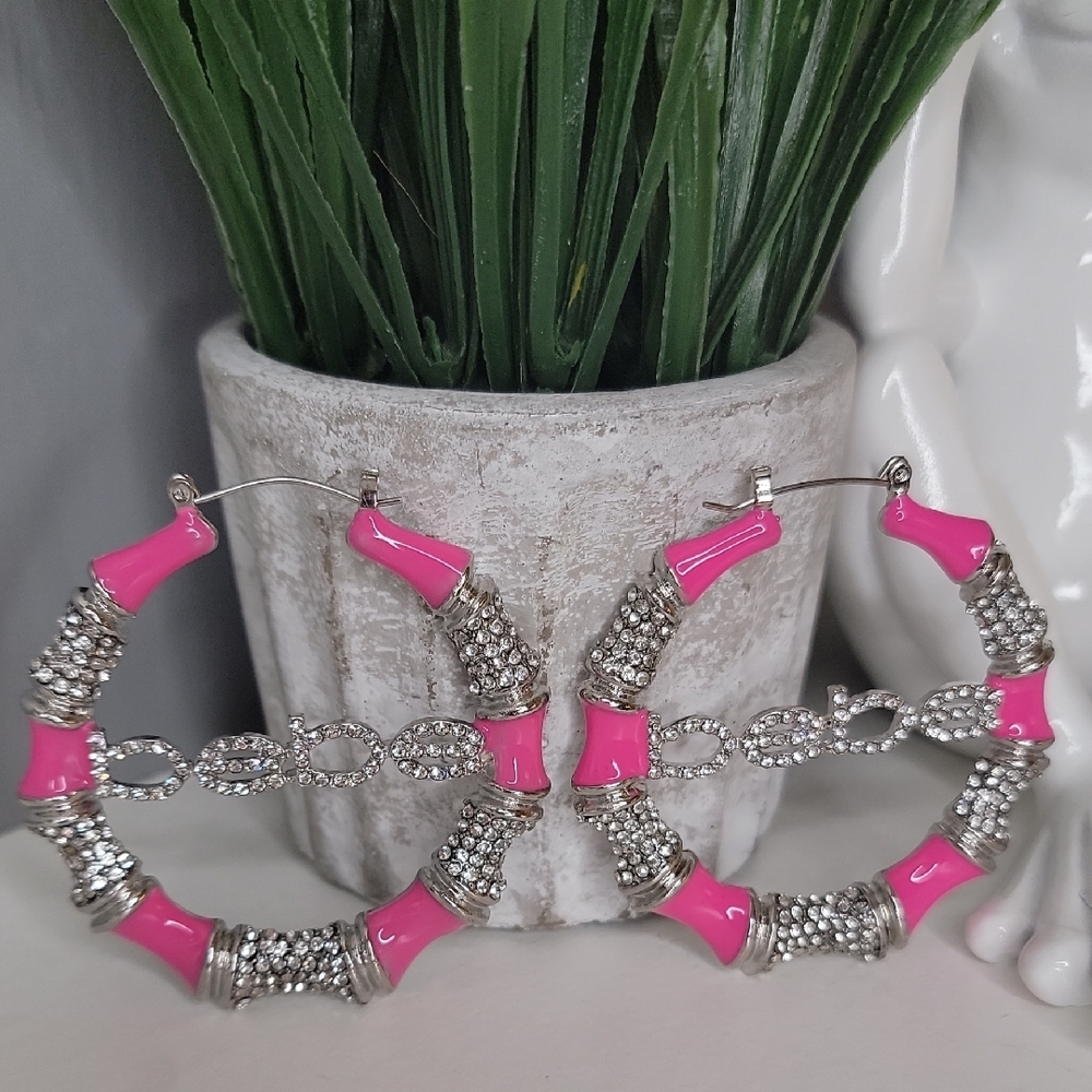 Bebe Chic Pink and Silver Hoop Earrings with Rhinestones